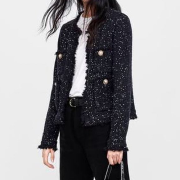 Zara shimmery knit frayed jacket in navy, S - Picture 3 of 13